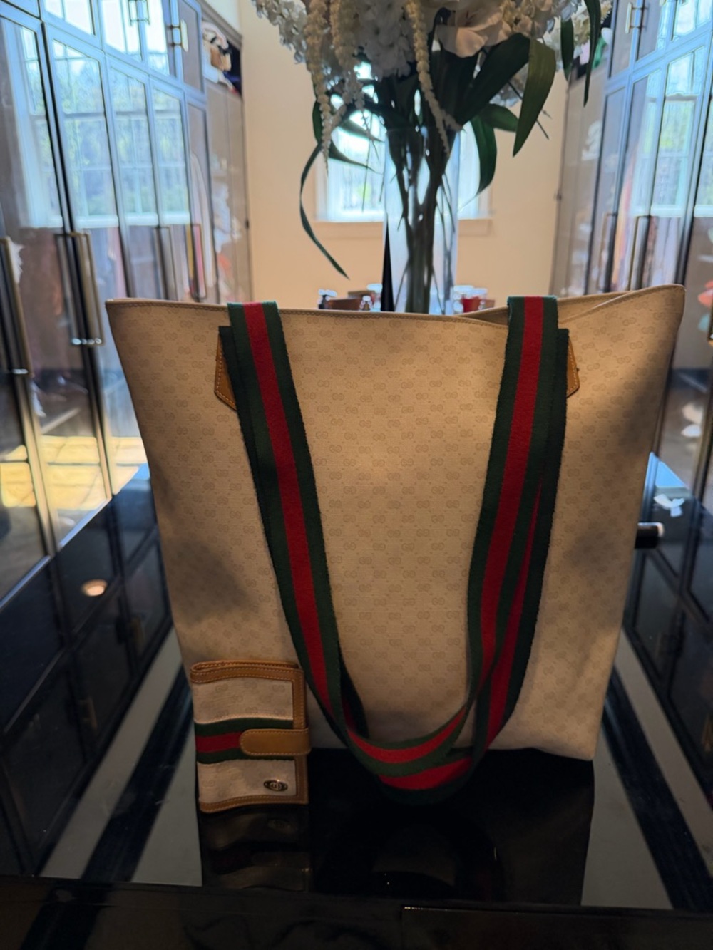 Gucci Cream Monogram Tote and Wallet with Green-Red Web Stripe and Tan Trim - Picture 2 of 7